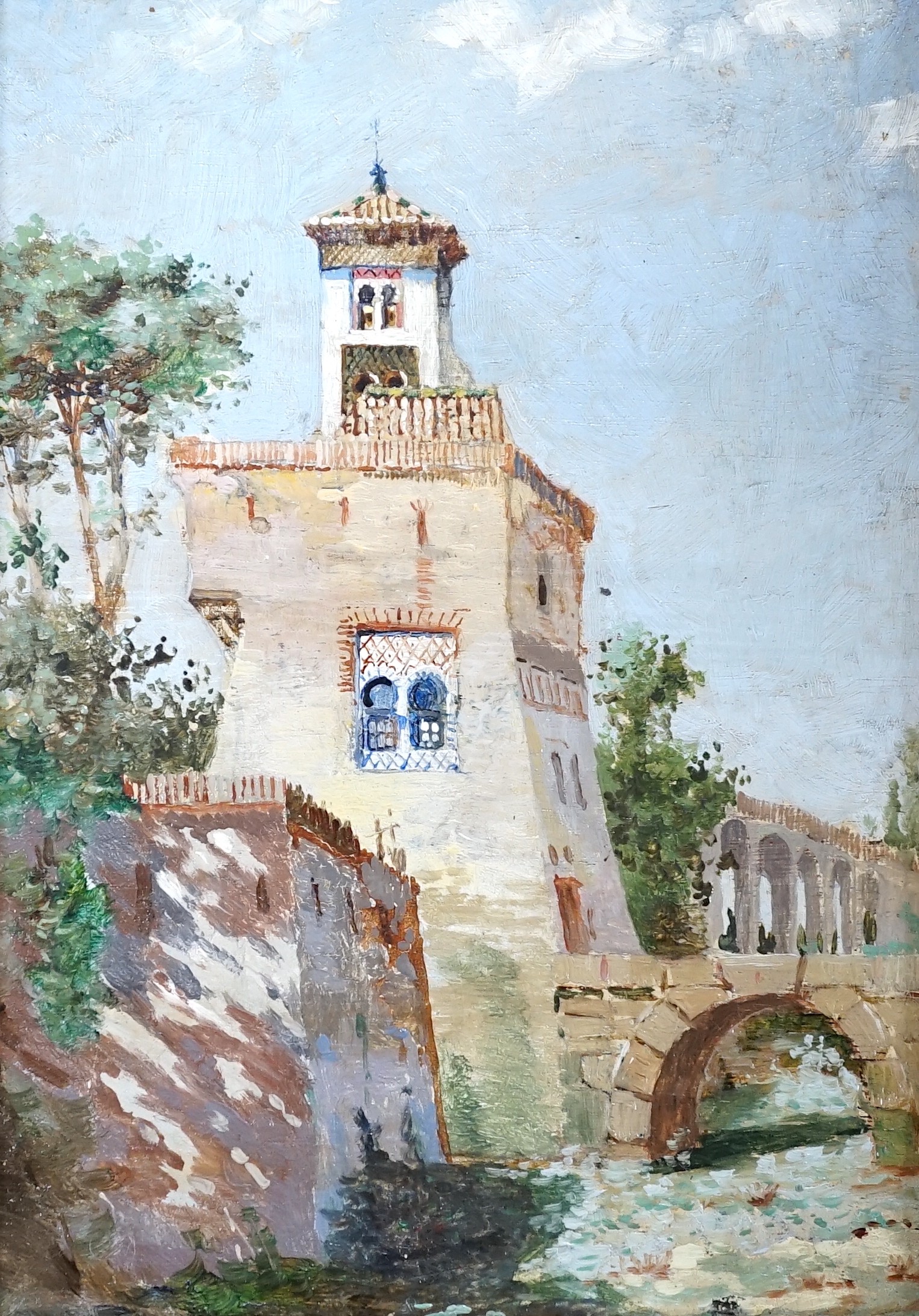 Italian School c.1900, oil on wooden panel, Tower and stone bridge, 20 x 14cm